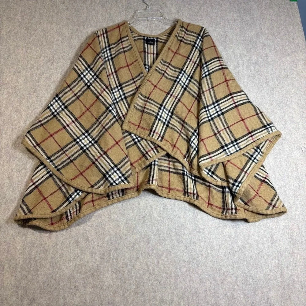 V. Fraas Poncho Wrap Women L Tan Acrylic Plaid Cape Classic Preppy Coastal Chic
